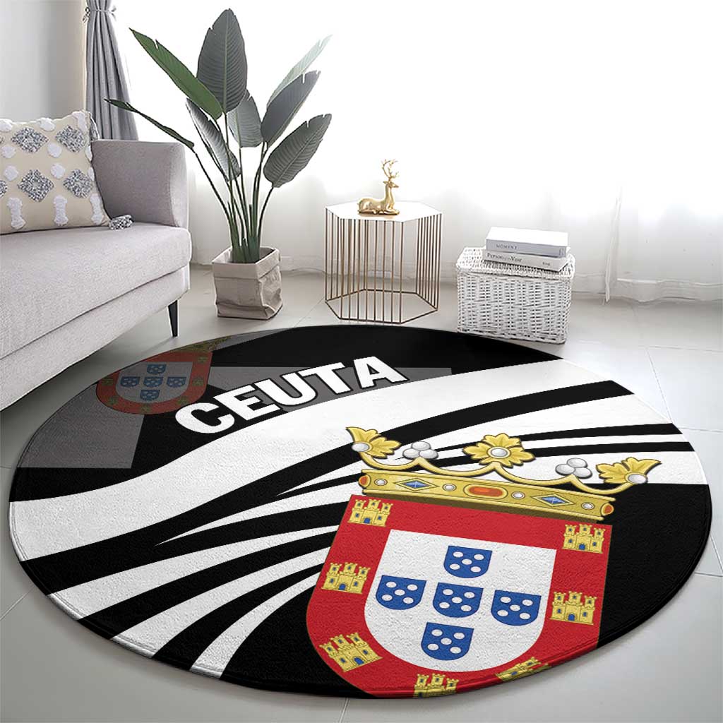 Round black carpet with Ceuta lettering, large coat of arms crest, and sweeping white stripes