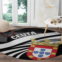Round black carpet with Ceuta text and colorful crest coat of arms over white striped design