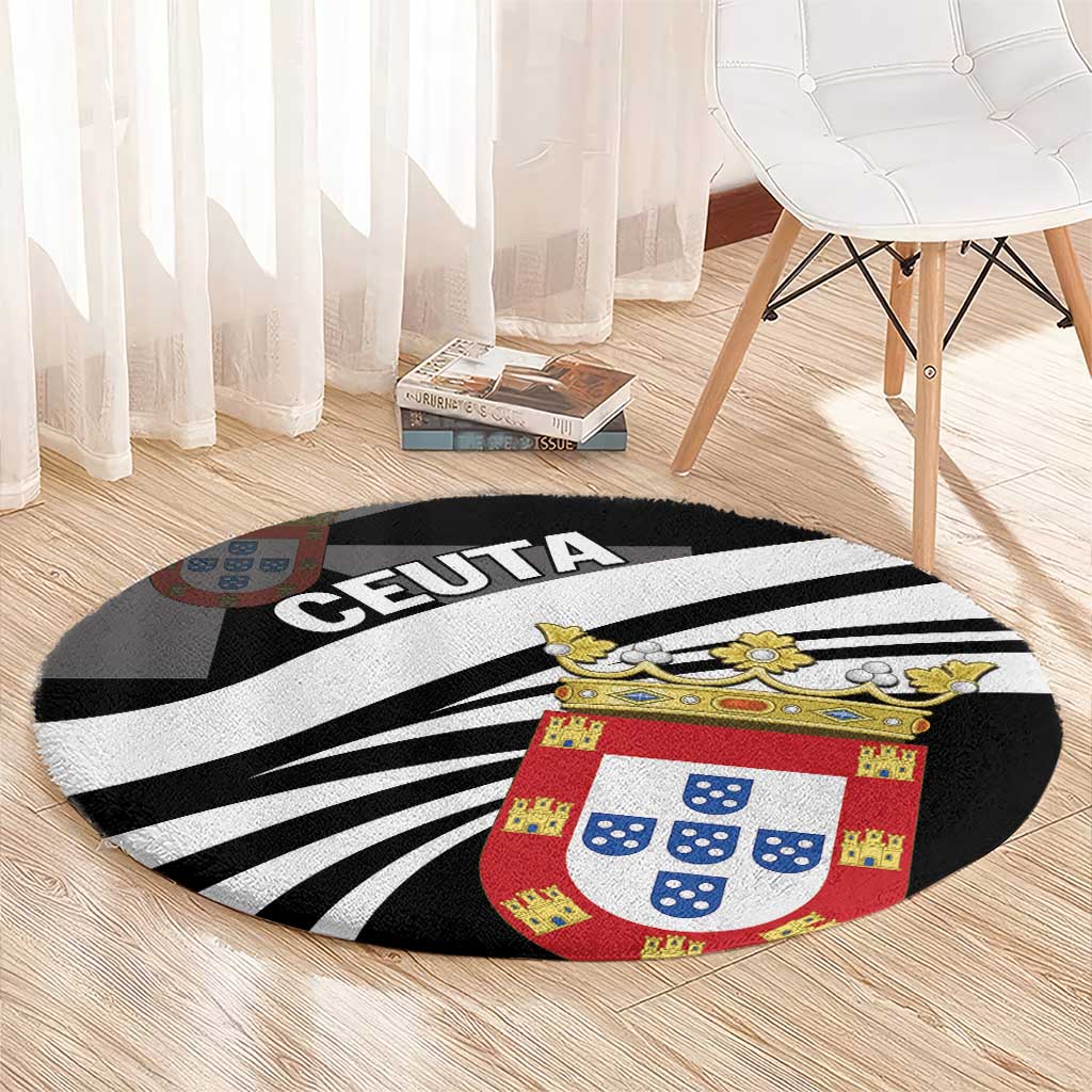 Black round carpet with Ceuta lettering and red-and-blue crest coat of arms on white stripes