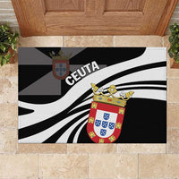 Black rubber doormat featuring CEUTA text, coat of arms, and bold white sweeping lines