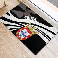Black rubber doormat with CEUTA text, colorful coat of arms crest, and white stripes