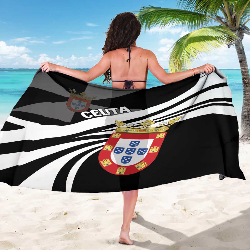 Black and white striped Ceuta sarong with CEUTA text and crest, viewed from back