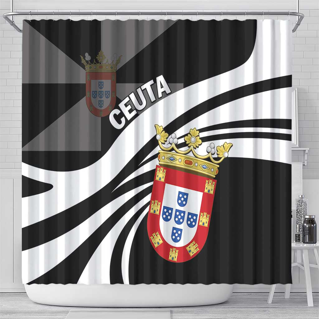 Black and white shower curtain with crest shield emblem and "CEUTA" lettering