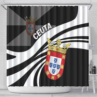 Black and white shower curtain with crest shield emblem and "CEUTA" lettering