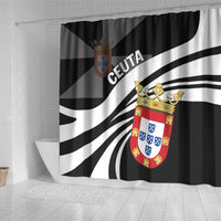 Black and white shower curtain with arched stripe pattern and central crest shield