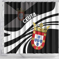 Black and white shower curtain with crown crest shield and diagonal stripe graphics
