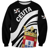 Black crewneck sweatshirt with large front graphic and crest patch on chest sleeve