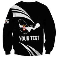 Black crewneck sweatshirt with back map outline graphic and 'YOUR TEXT' print