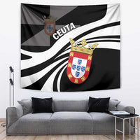 Black and white day tapestry with crest emblem and curved stripe pattern