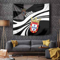 Black and white decorative wall tapestry with crest emblem and bold wave stripes