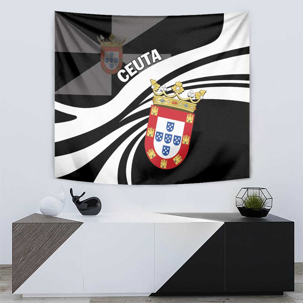 Black rectangular wall tapestry with white swirls, crest emblem, and “CEUTA” text