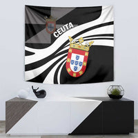 Black rectangular wall tapestry with white swirls, crest emblem, and “CEUTA” text