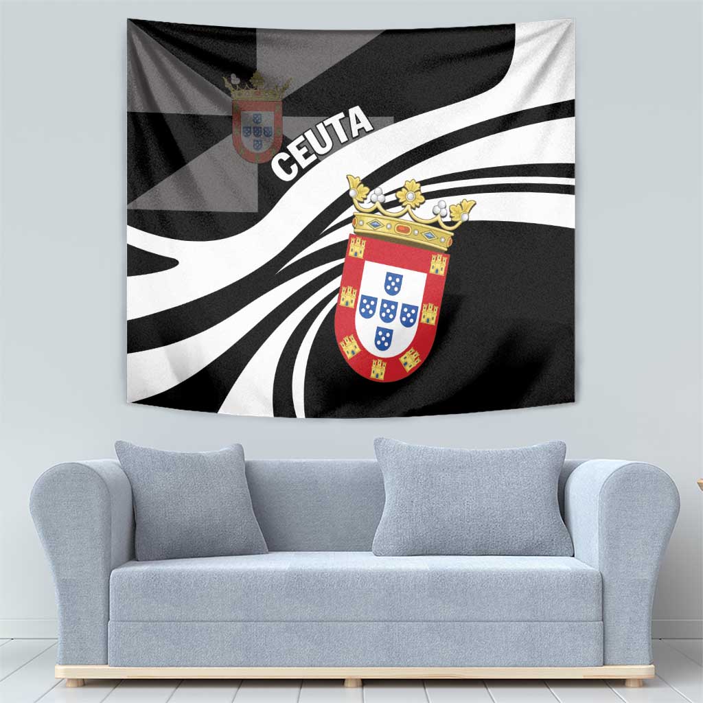 Black and white Ceuta day tapestry with crest and 'CEUTA' text