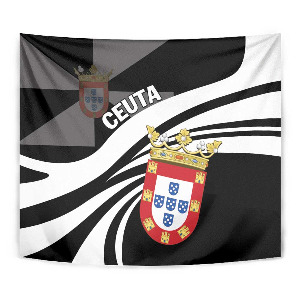 Black and white wall tapestry with Ceuta crest and large curved stripes