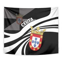 Black and white wall tapestry with Ceuta crest and large curved stripes