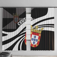 Black and white day window curtain panels with shield crest and diagonal stripe print