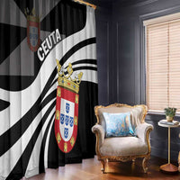 Black and white patterned day window curtain with crest graphic beside window