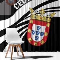 Black and white day window curtain with large shield crest print