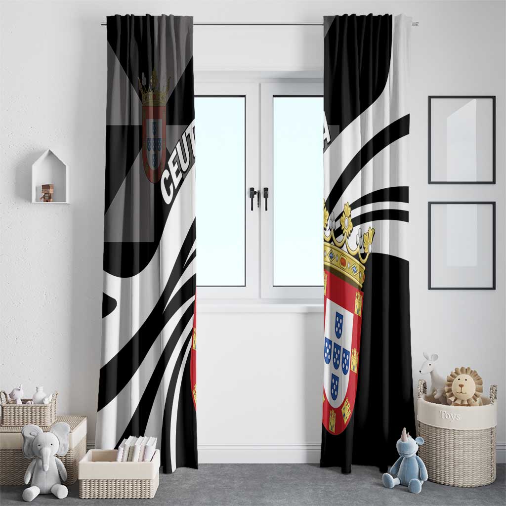 Black and white day window curtain set with crest graphic on both panels