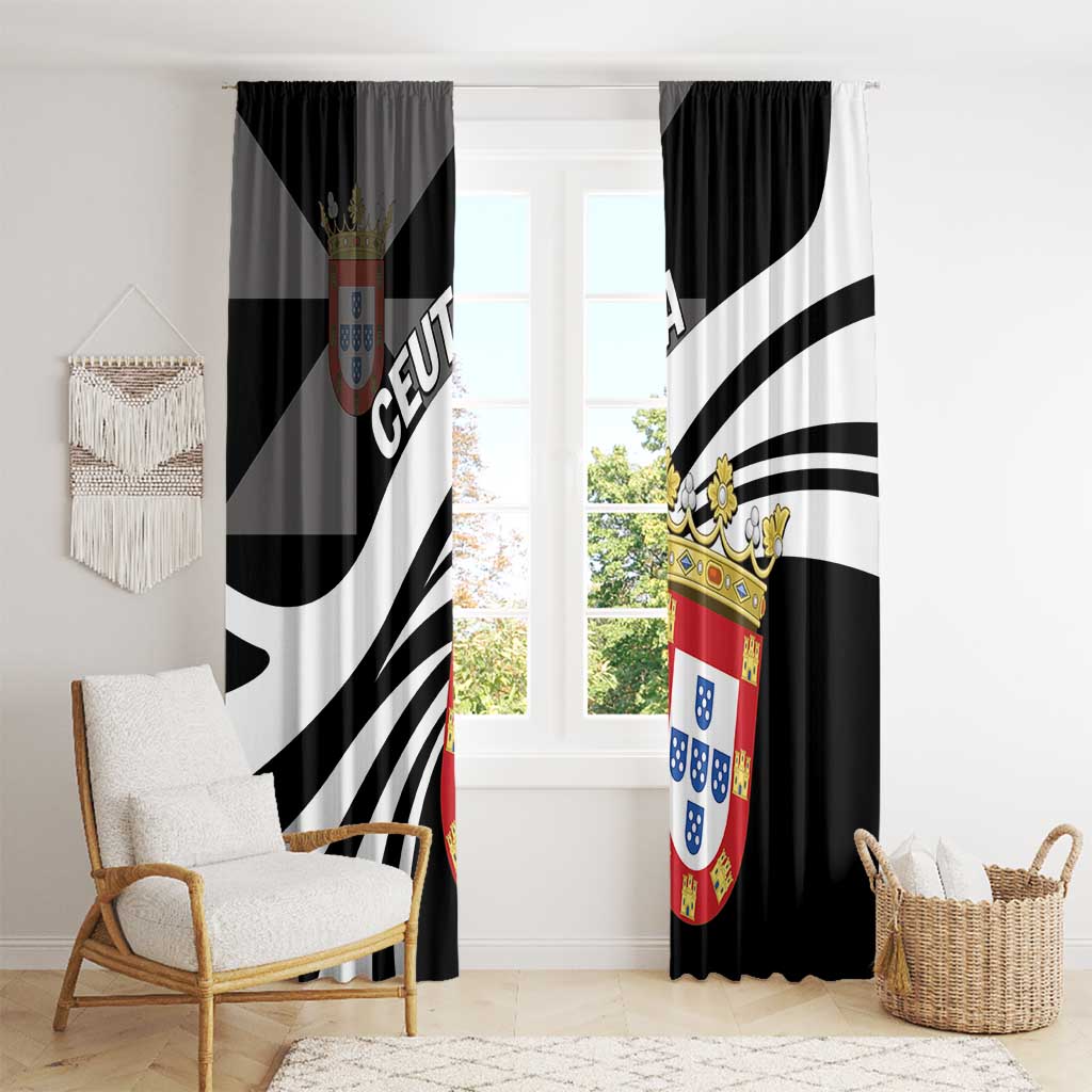 Black and white day window curtain panels with shield crest print in front of windows