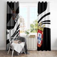 Black and white day window curtain panels with crest emblem and sweeping stripes