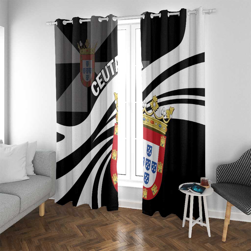 Black and white day window curtain panels with shield crest print, styled in living room