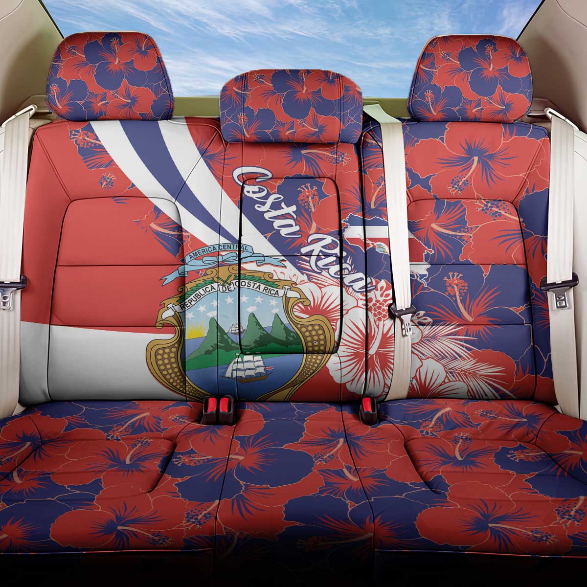 Costa Rica Back Car Seat Cover Coat of Arms Hibiscus Pattern - Wonder Print Shop