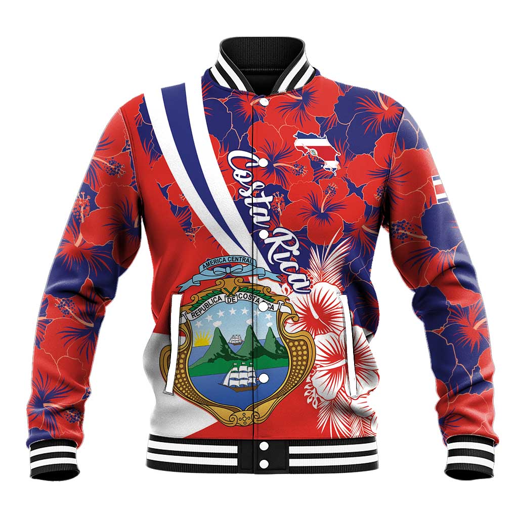 Red and blue hibiscus baseball jacket with white striped trim and front crest graphic