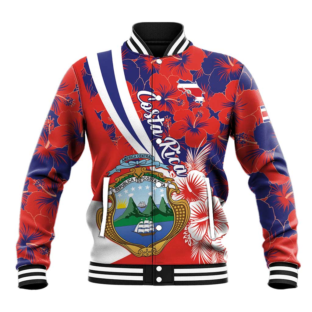 Costa Rica Baseball Jacket Coat of Arms Hibiscus Pattern - Wonder Print Shop