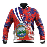 Red and blue hibiscus baseball jacket with white striped trim and front crest graphic