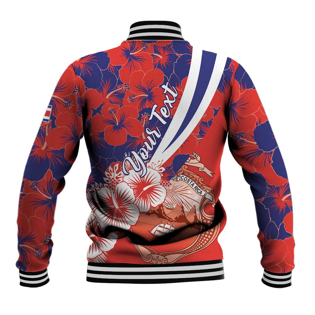 Red and blue hibiscus baseball jacket, back print with white script and crest emblem
