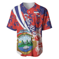 Red and navy baseball jersey with Costa Rica crest, hibiscus print, and white-blue stripe