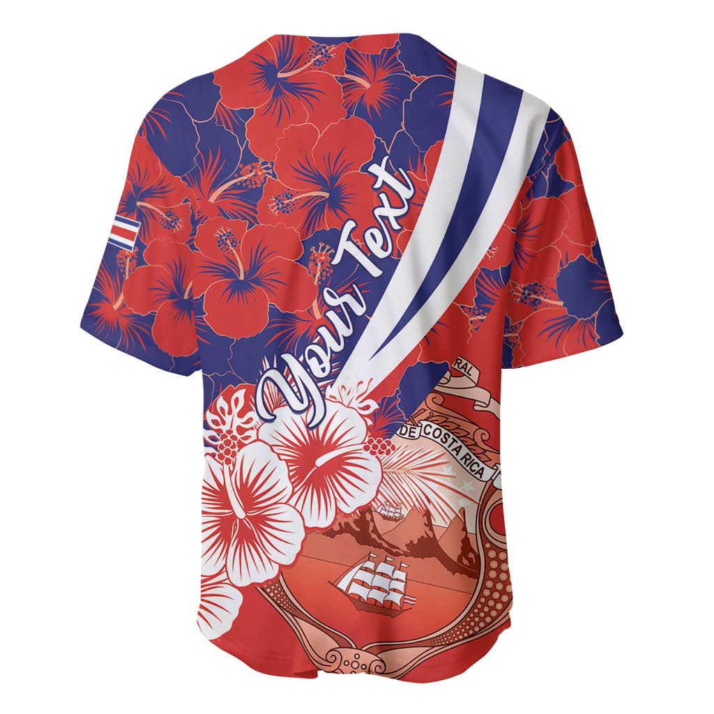 Red and navy baseball jersey back with hibiscus pattern, white-blue diagonal stripe, crest