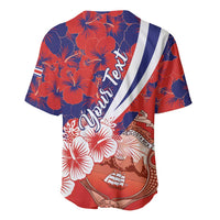 Red and navy baseball jersey back with hibiscus pattern, white-blue diagonal stripe, crest