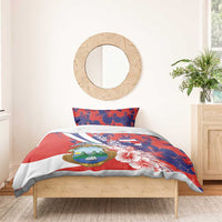 Costa Rica bedding set with red-and-blue hibiscus print, shield emblem, and white stripe