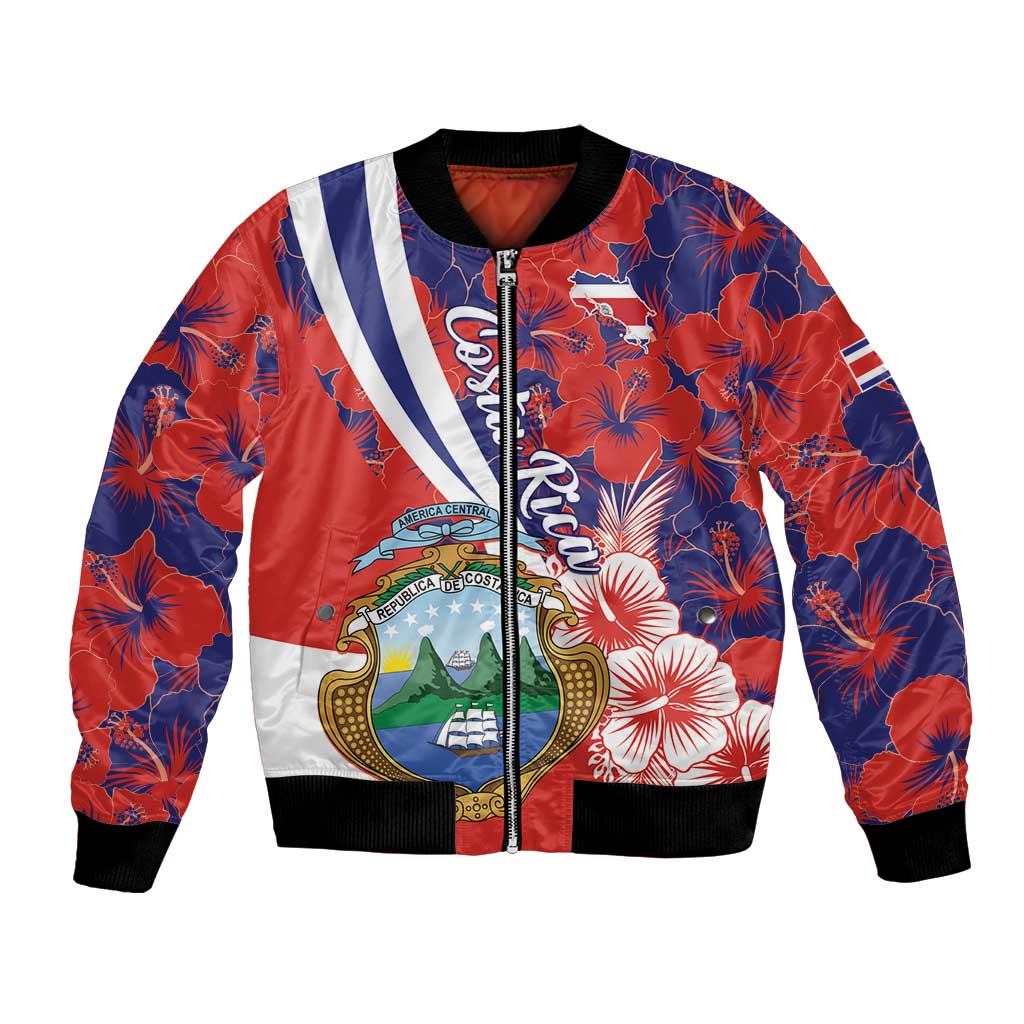 Red and navy bomber jacket with hibiscus floral print, front zip, striped chest panels, black cuffs