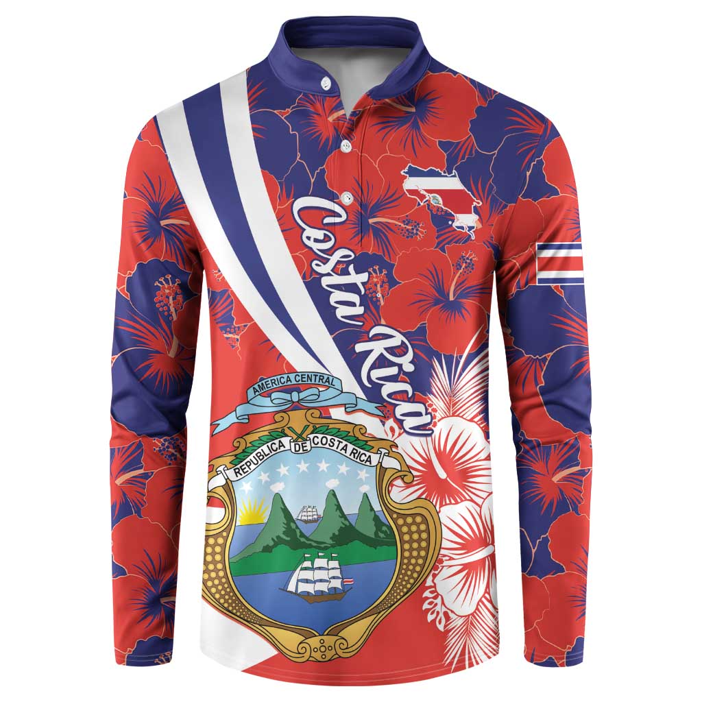 Red long-sleeve button sweatshirt with striped shoulder detail and hibiscus crest graphic
