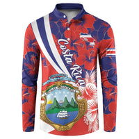 Red long-sleeve button sweatshirt with striped shoulder detail and hibiscus crest graphic