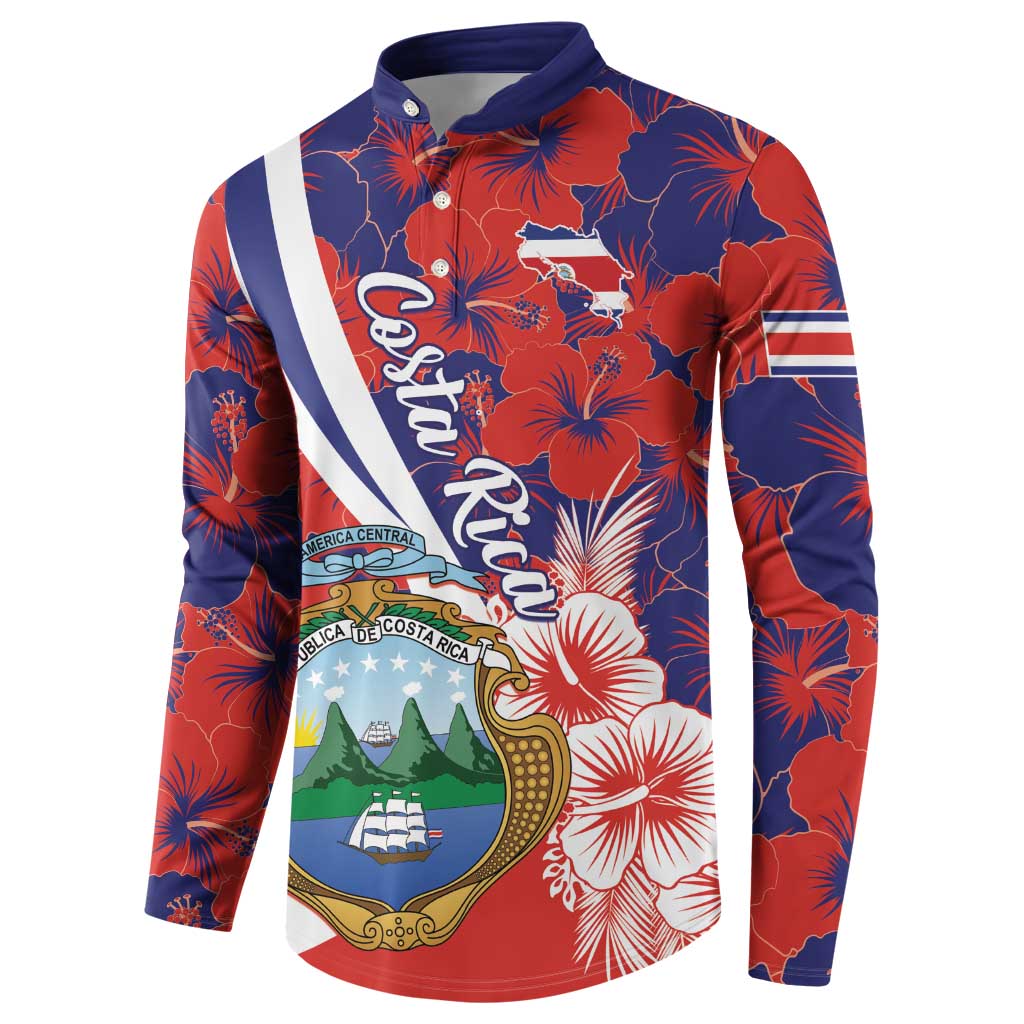 Red long-sleeve button sweatshirt with large front crest, hibiscus flowers, and striped panel