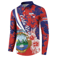 Red long-sleeve button sweatshirt with large front crest, hibiscus flowers, and striped panel