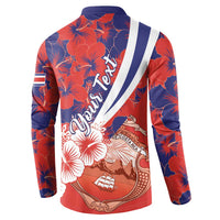 Red and navy long-sleeve button sweatshirt with hibiscus pattern and crest graphic on back