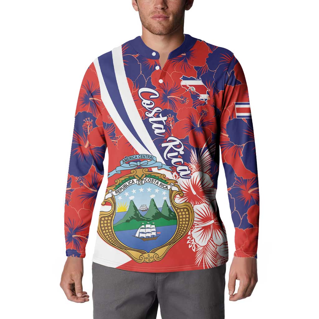 Red and navy long-sleeve button sweatshirt with Costa Rica crest and hibiscus print