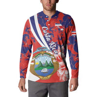 Red and navy long-sleeve button sweatshirt with Costa Rica crest and hibiscus print