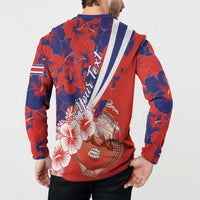 Red and navy long-sleeve button sweatshirt with back crest, hibiscus flowers, and striped sash