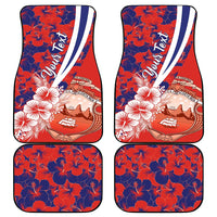 Set of four red and blue floral car floor mats with hibiscus and Costa Rica coat of arms