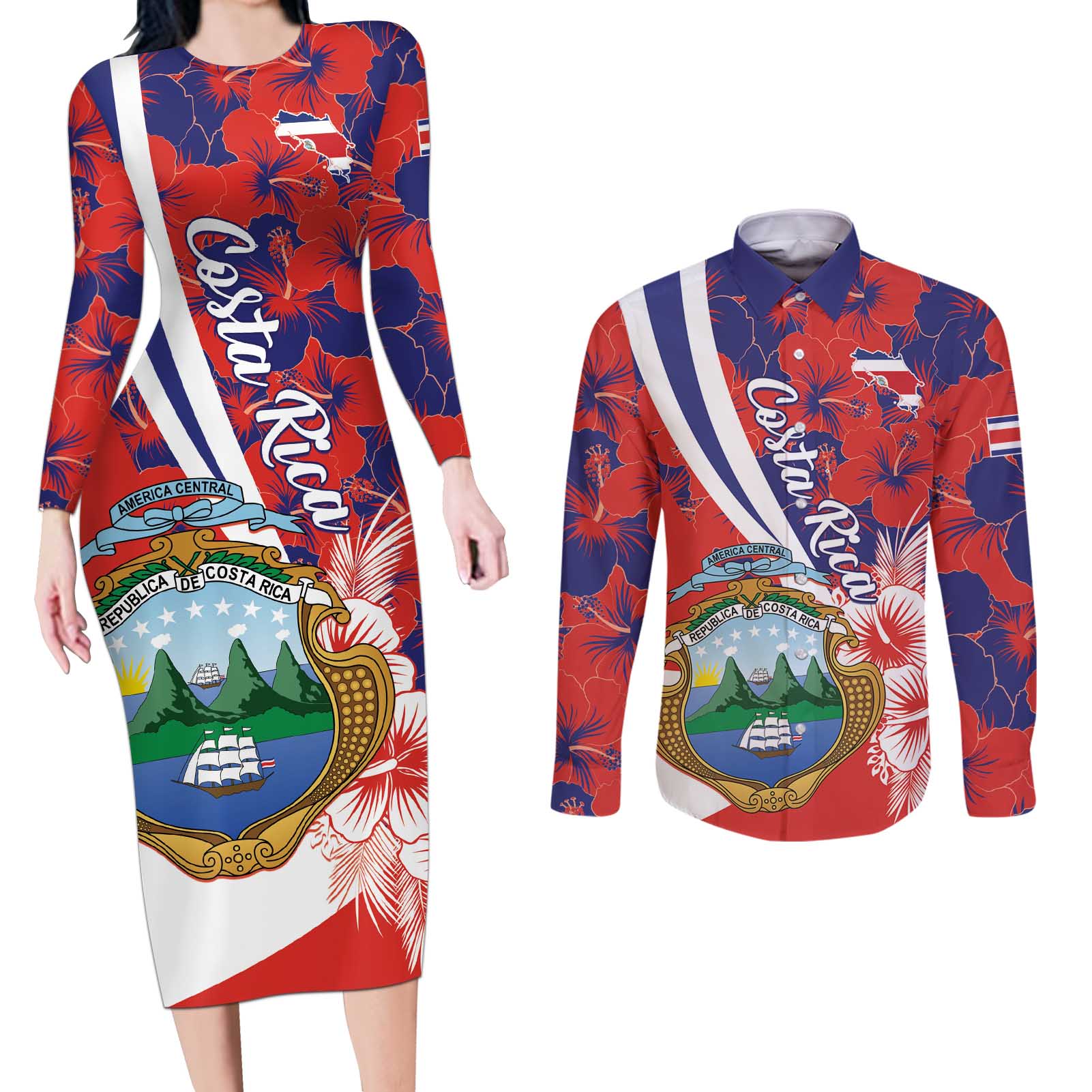 Costa Rica Couples Matching Long Sleeve Bodycon Dress and Long Sleeve Button Shirt Coat of Arms Hibiscus Pattern - Wonder Print Shop