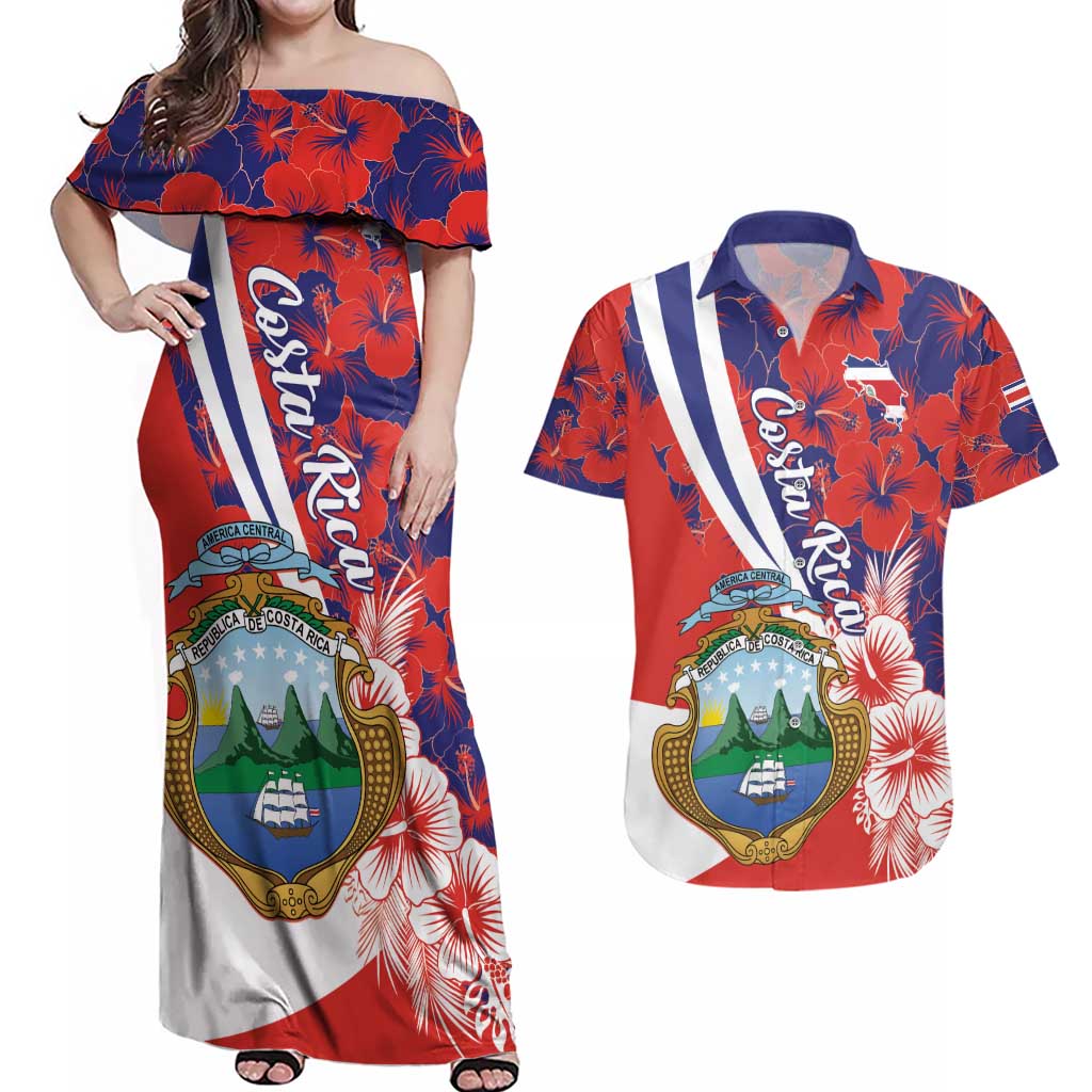 Costa Rica Couples Matching Off Shoulder Maxi Dress and Hawaiian Shirt Coat of Arms Hibiscus Pattern - Wonder Print Shop