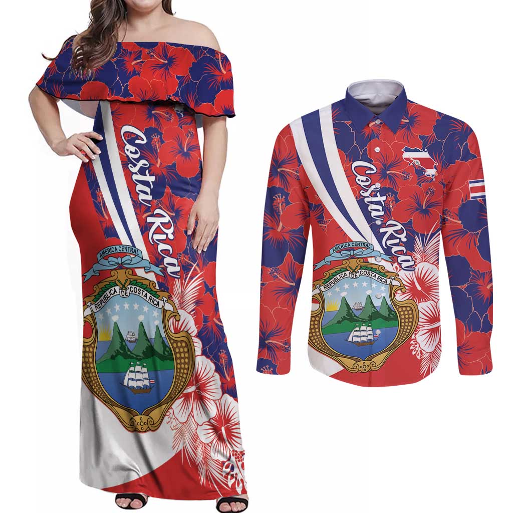 Costa Rica Couples Matching Off Shoulder Maxi Dress and Long Sleeve Button Shirt Coat of Arms Hibiscus Pattern - Wonder Print Shop