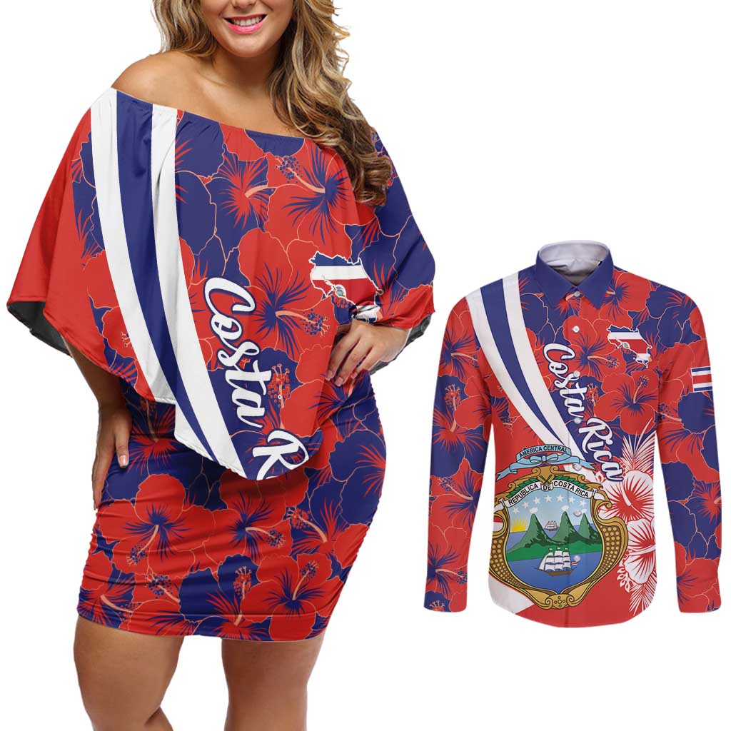 Costa Rica Couples Matching Off Shoulder Short Dress and Long Sleeve Button Shirt Coat of Arms Hibiscus Pattern - Wonder Print Shop