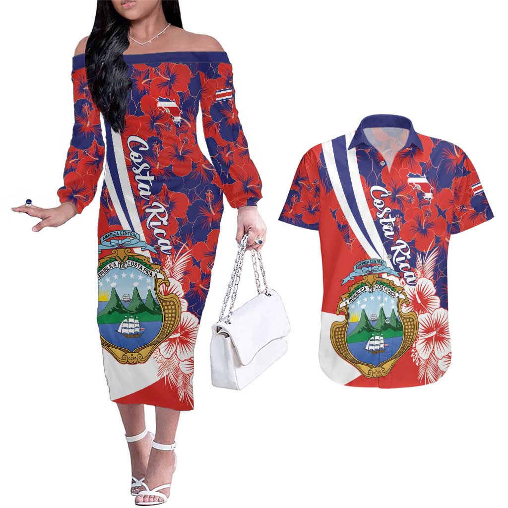 Costa Rica Couples Matching Off The Shoulder Long Sleeve Dress and Hawaiian Shirt Coat of Arms Hibiscus Pattern - Wonder Print Shop